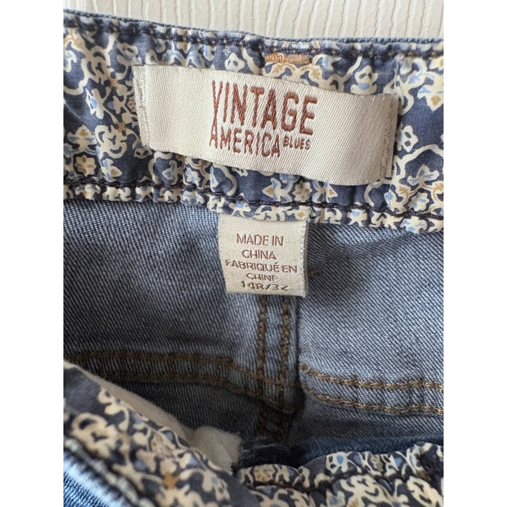 VINTAGE AMERICA Medium Blue Patchwork Studded Raw Hem Cropped Bestie Jeans 32 - Picture 3 of 10